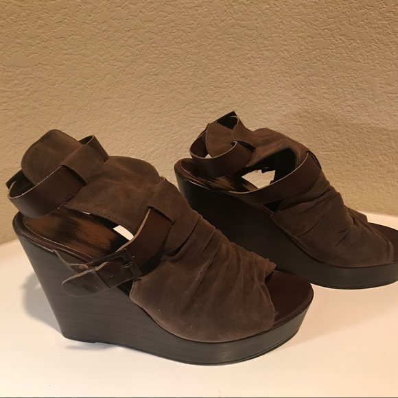LimeLight Brown Fabric Sandals, 4” Wedge Heels - Picture 2 of 6
